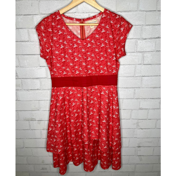 Anthropologie M ORIGAMI BIRD Print Short Sleeve Fit & Flare Ruffle Dress Red - Picture 1 of 4